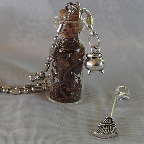 Blood Root Witch 3D Cauldron Broom Glass Bottle Necklace Zip Pulls Handcrafted - Picture 6 of 14